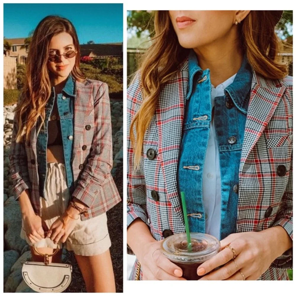 $650 Veronica Beard Plaid Caldwell Dickey Blazer Red Gray Navy Jacket Cotton 8 - Picture 1 of 14